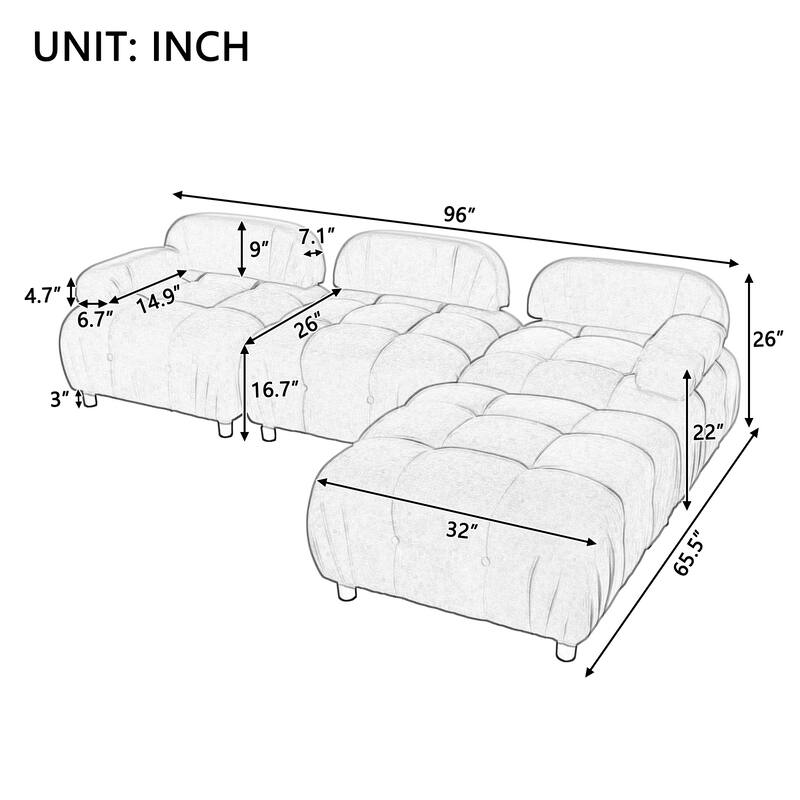 96" Modular Lshaped Sectional Sofa with Ottoman Chaise Lounge Bed